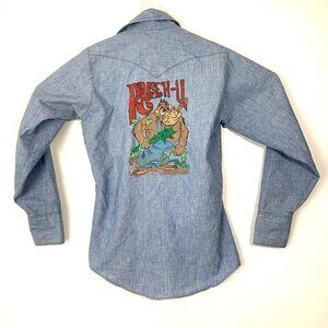 VTG Big Smith Men's 60s 70s Chambray Pearl Snap Custom Art Western Shirt Sz 36